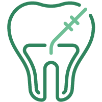 Wurzelbehandlung Grün-weiße stilisierte Grafik eines Zahns mit hervorgehobenen Wurzelkanälen und einem Zahnwurzelbehandlungs-Symbol