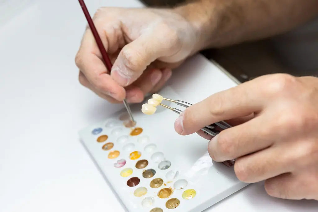 Ästhetische Zahnheilkunde Hände halten Zahnmodell mit Pinzette und bemalen es mit feinem Pinsel über Farbpalette mit verschiedenen Farbtönen